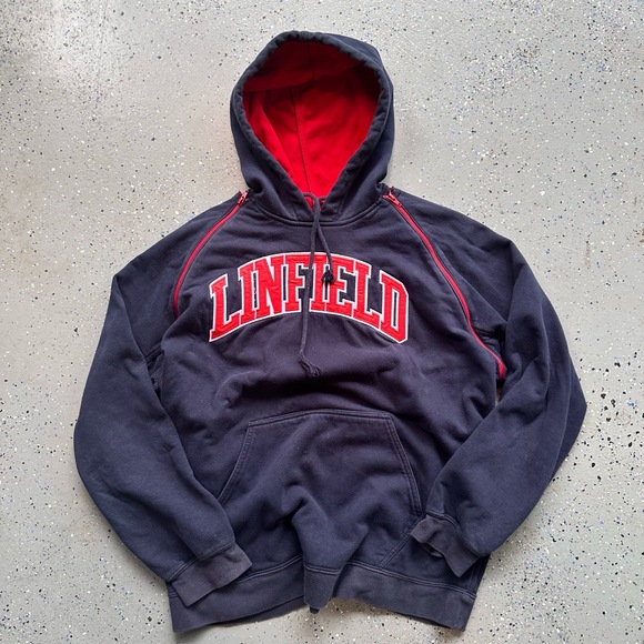 Linfield Hoodie Mens Size M Navy Red Vintage Collegiate Side Zip School Spirit - Picture 5 of 7